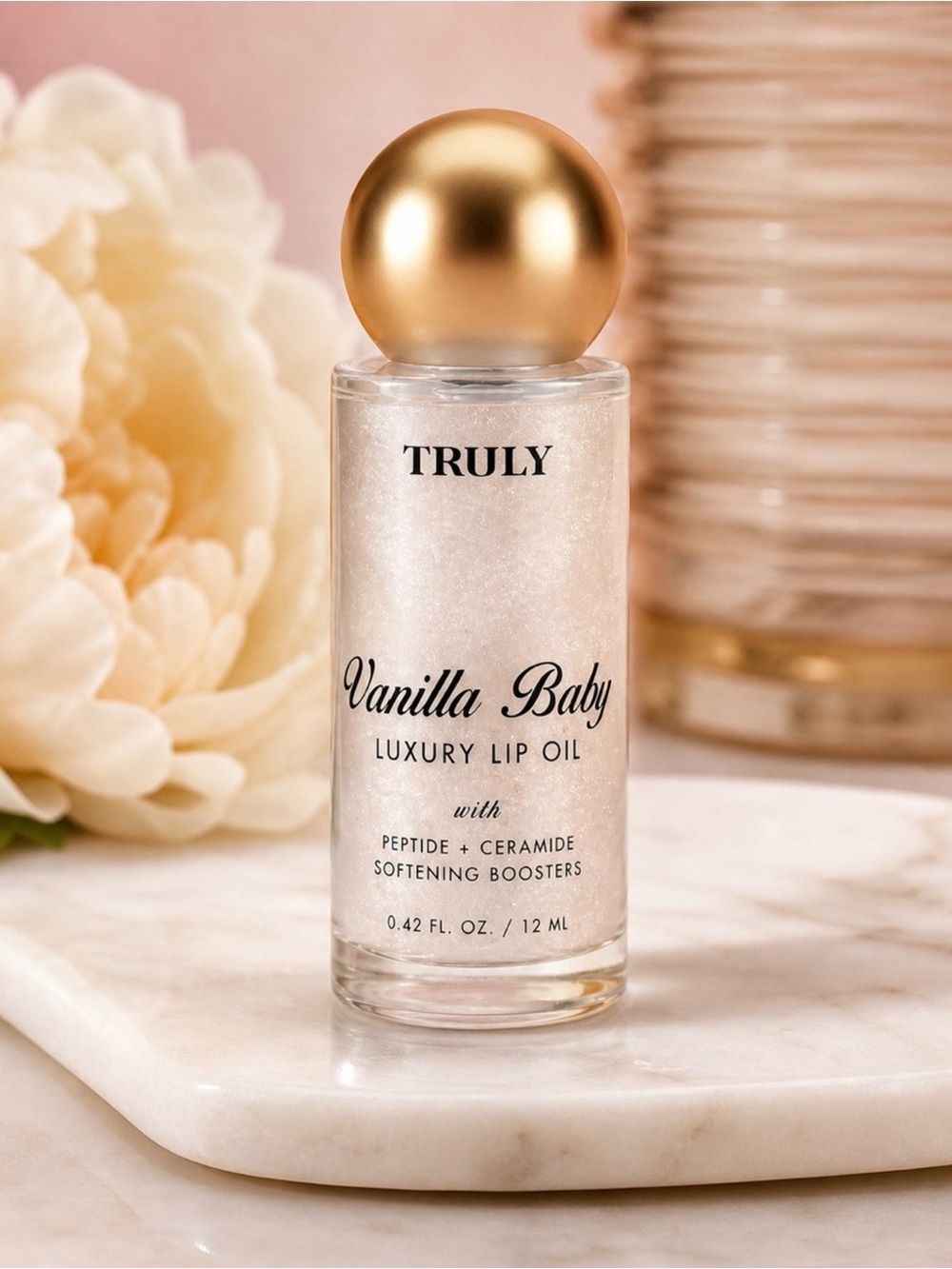 TRULY Vanilla Baby Luxury Lip Oil - Pearlescent White with Gold Cap